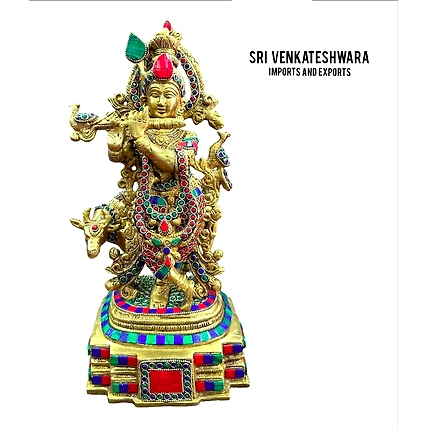 Cow Krishna Stone Work Statue Brass Weight 6.350kg Height 15’inch Width 7’inch-12430448