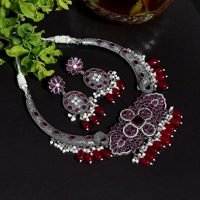Anassa Maroon stone ghungroo moti flower Necklace Set Oxidised
