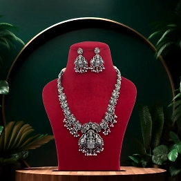 Anassa Multi stone Goddess Laxmi Temple Necklace Set Oxidised