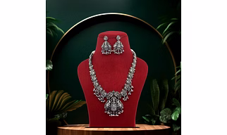 Anassa Multi stone Goddess Laxmi Temple Necklace Set Oxidised