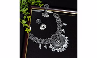 Anassa White Divine Laxmi's Pearl Temple Necklace Set Oxidised
