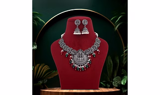 Anassa Multi stone Divine Laxmi's Pearl Temple Necklace Set Oxidised