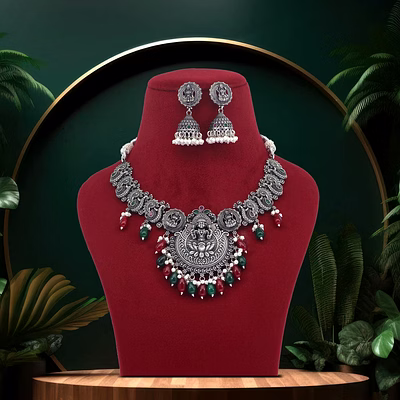 anassa multi stone divine laxmi's pearl temple necklace set oxidised