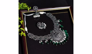 Anassa Green stone Divine Laxmi's Pearl Temple Necklace Set Oxidised