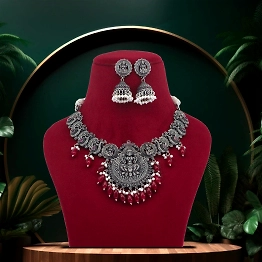 Anassa Maroon stone Divine Laxmi's Pearl Temple Necklace Set Oxidised