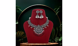 Anassa Maroon stone Divine Laxmi's Pearl Temple Necklace Set Oxidised