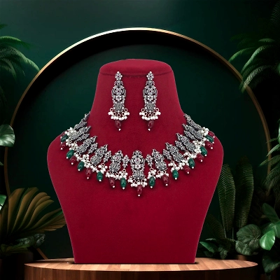 Anassa Multi stone Peacock floral Oxidised Necklace Set Oxidised