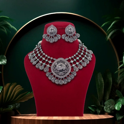 Anassa Pista Green Color Peacock devi coin Necklace Set Oxidised