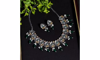 Anassa Dual tone moti floral green Necklace Set Oxidised