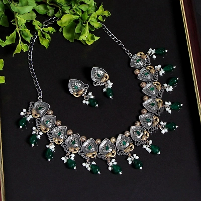 Anassa Dual tone moti floral green Necklace Set Oxidised