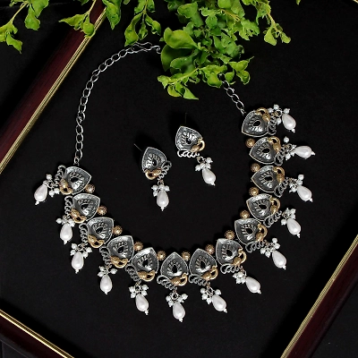 Anassa Dual tone moti floral white Necklace Set Oxidised