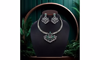 Anassa Green floral peacock folk Necklace Set Oxidised