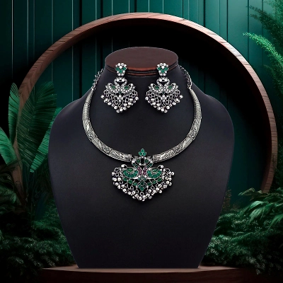 Anassa Green floral peacock folk Necklace Set Oxidised
