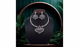 Anassa Pink floral peacock folk Necklace Set Oxidised
