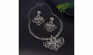 Anassa white floral peacock folk Necklace Set Oxidised