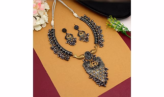 Anassa Dual tone blue ghungroo flower folk Necklace Set Oxidised