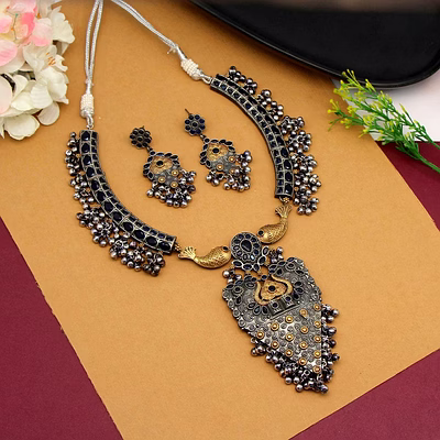 anassa dual tone blue ghungroo flower folk necklace set oxidised