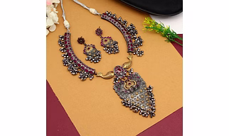 Anassa Dual tone rani colour ghungroo flower folk Necklace Set Oxidised