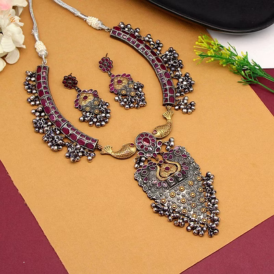 anassa dual tone rani colour ghungroo flower folk necklace set oxidised