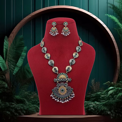 anassa green peacock motif necklace set oxidised