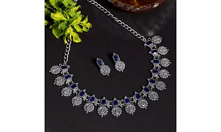 Anassa Blue stone devi coin flower Necklace Set Oxidised