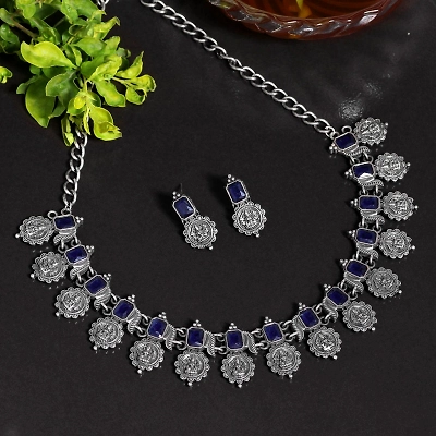 Anassa Blue stone devi coin flower Necklace Set Oxidised