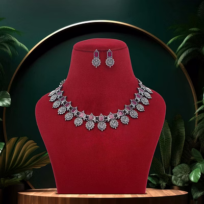 anassa rani stone devi coin flower necklace set oxidised
