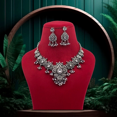 Anassa white stone Rani Necklace Set Oxidised