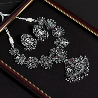 Anassa Multi coloured stone Goddess Necklace Set Oxidised