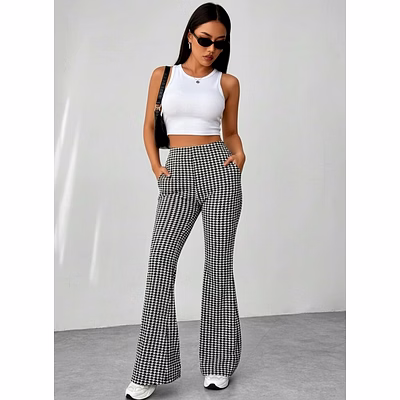 latest street fashion women's casual print blue and white high waist flare leg pants palazzo