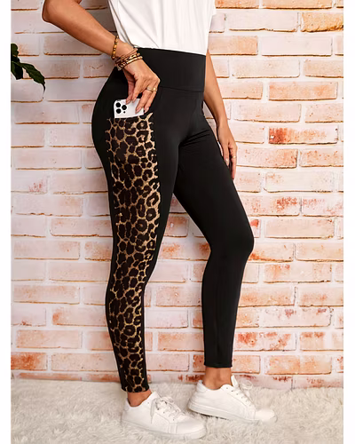 Latest Street FashionTiger Print Side Panel Pocket Gym Yoga Daily Wear Track Pants Leggings-764_leopard_panel_legging-S
