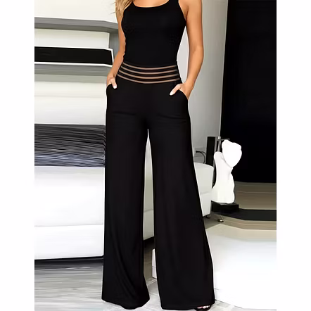 Latest Street Fashion sheer mesh detail with horizontal stripes waistband Wide Leg Pocket Palazzo