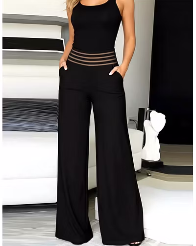 Latest Street Fashion sheer mesh detail with horizontal stripes waistband Wide Leg Pocket Palazzo-210_palazzo_sheer_waistband-S