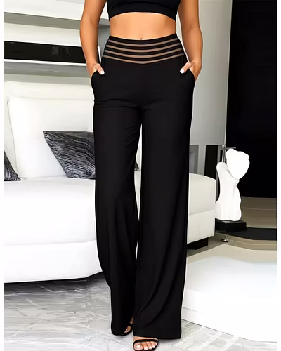 Latest Street Fashion sheer mesh detail with horizontal stripes waistband Wide Leg Pocket Palazzo-S-2