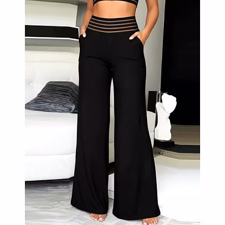 Latest Street Fashion sheer mesh detail with horizontal stripes waistband Wide Leg Pocket Palazzo-3XL