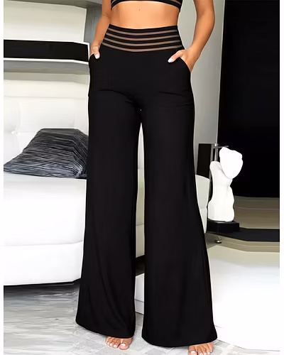 Latest Street Fashion sheer mesh detail with horizontal stripes waistband Wide Leg Pocket Palazzo-S-1
