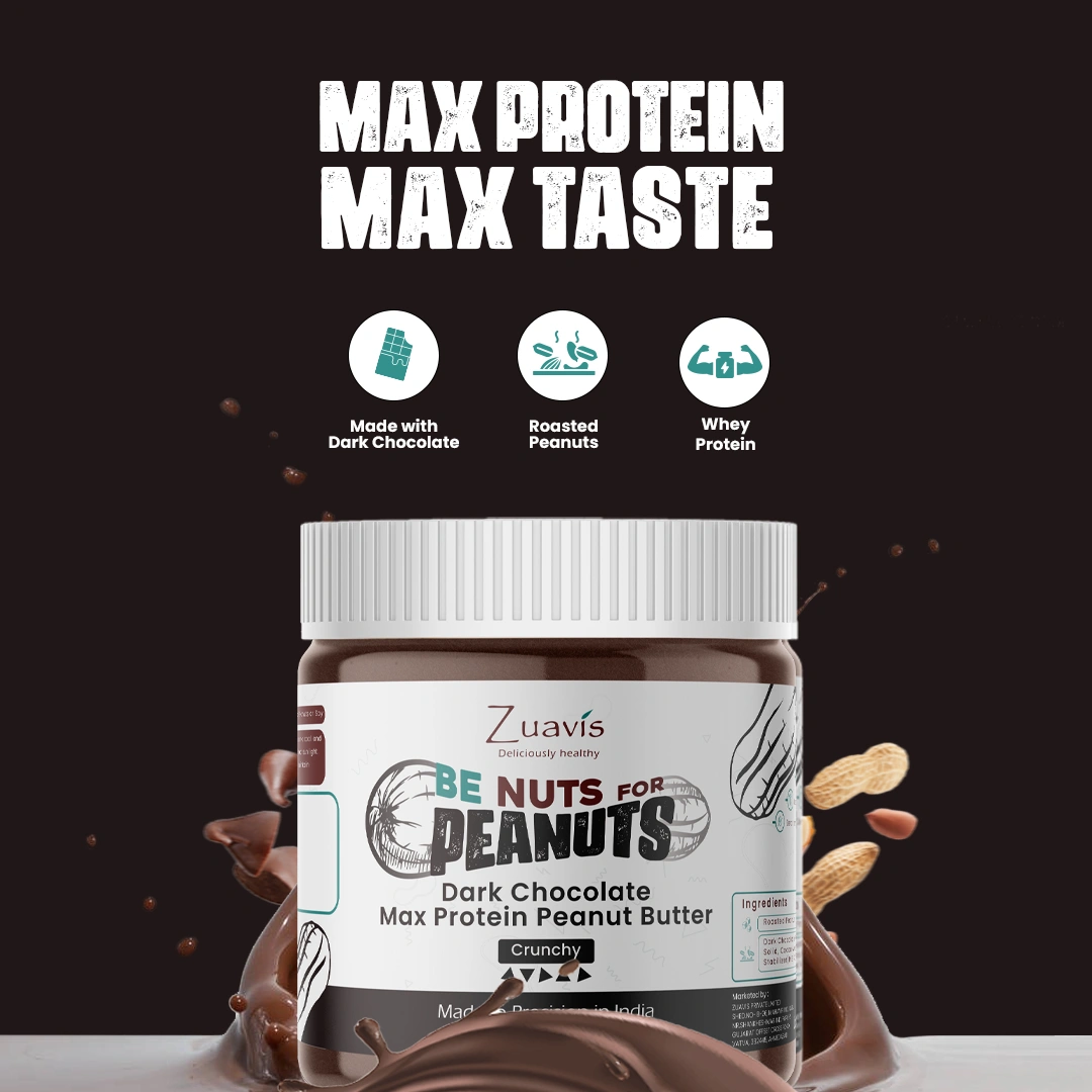 Zuavis Dark Chocolate Max Protein Peanut Butter: Unleash the Power of Indulgence and Nutrition 350g (Crunchy)-12237396