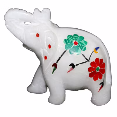 Handmade White Marble Elephant Figurine Inlaid Malachite Stone-12274236