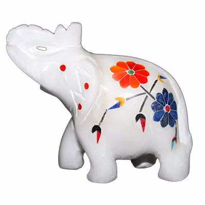 Fully Handmade Marble Elephant Statue Inlaid Semi Stones-12274238