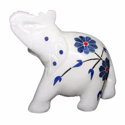 Handmade Lapis Lazuli Stone Inlay White Marble Elephant Statue-12274248