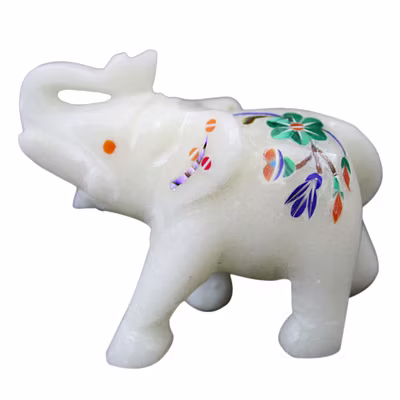 Saluting Elephant Sculpture White Marble Inlaid Jasper And Lapislazuli-12274270