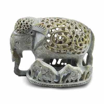 Soapstone Elephant With Baby Statue-12274324