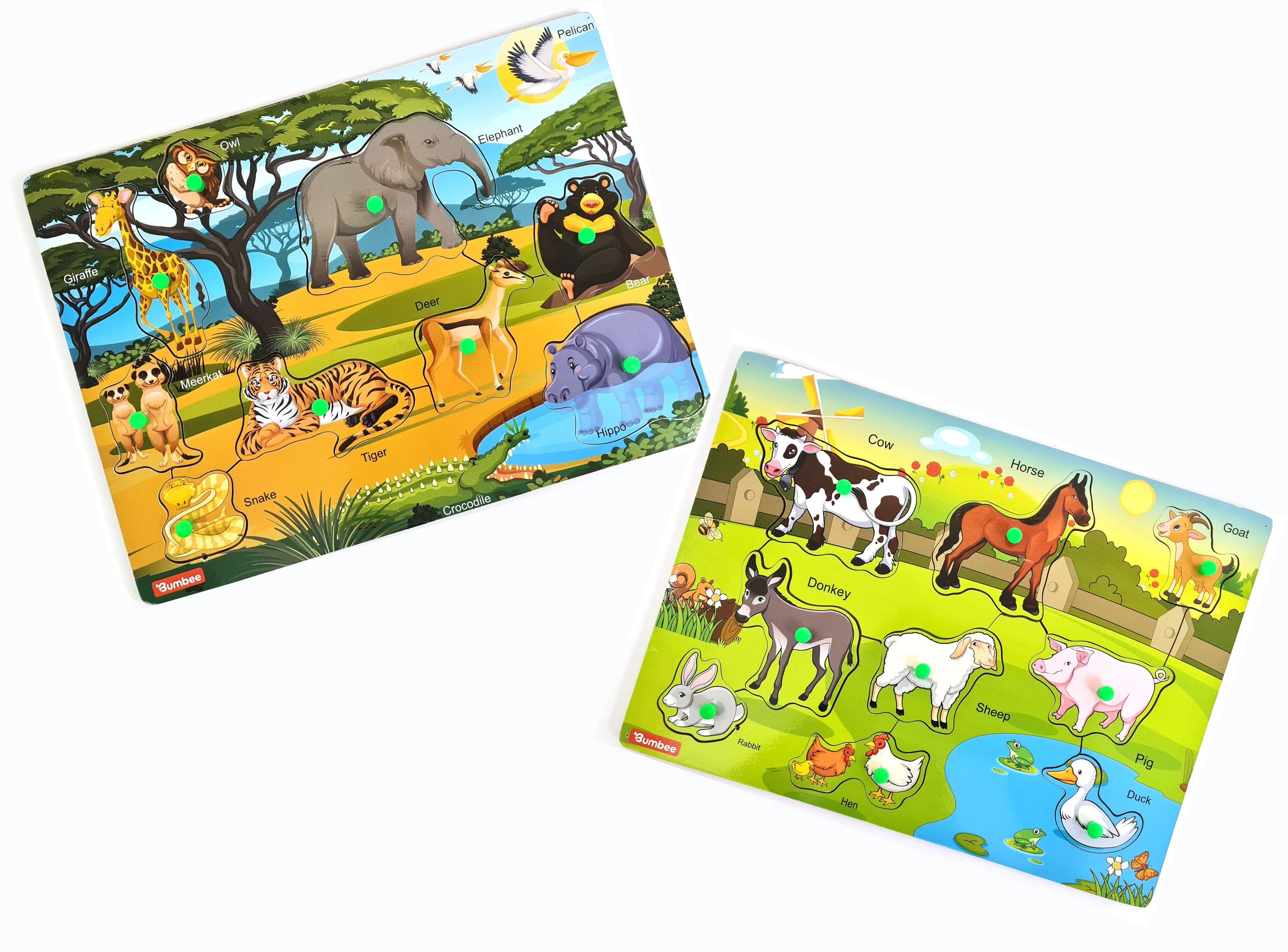 Bumbee | Wooden Educational Wild &amp; Farm Animals Puzzle Combo Set-12259086