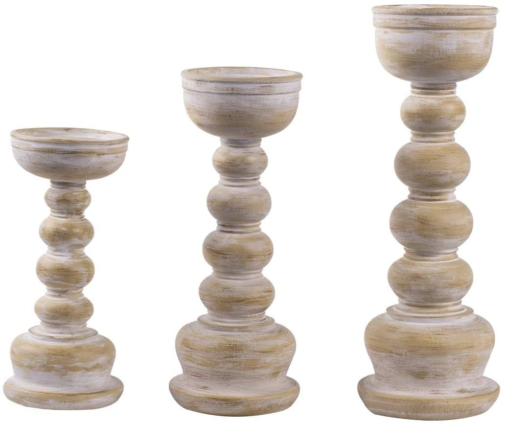 Wood Look Antique Wash Finish Pillar Candle Holders Set of 3-1