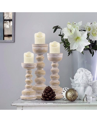 Wood Look Antique Wash Finish Pillar Candle Holders Set of 3-4