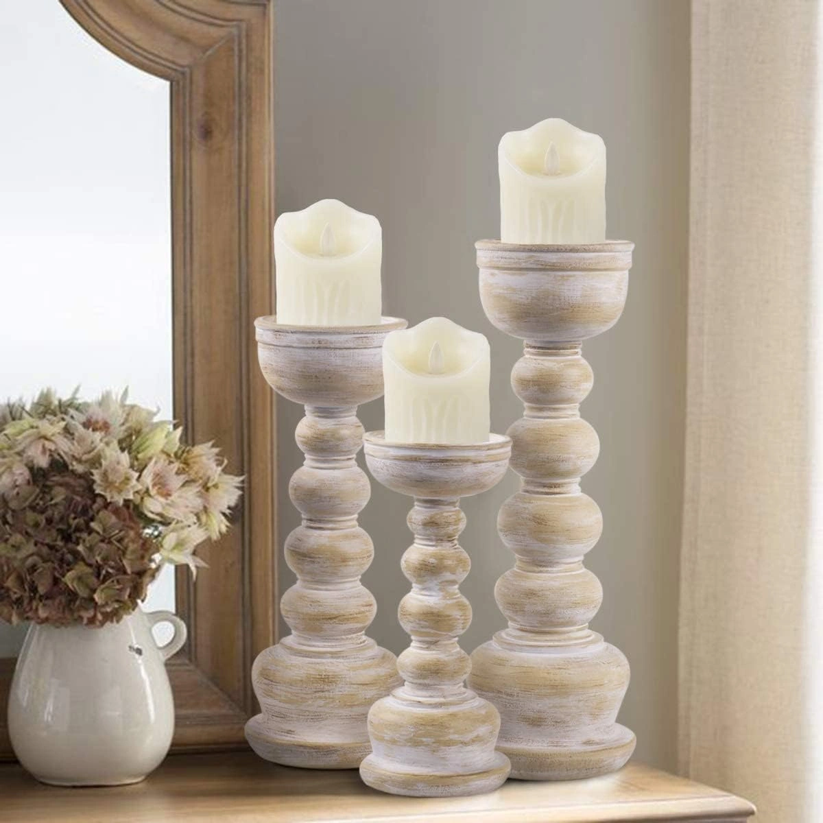 Wood Look Antique Wash Finish Pillar Candle Holders Set of 3-12263928