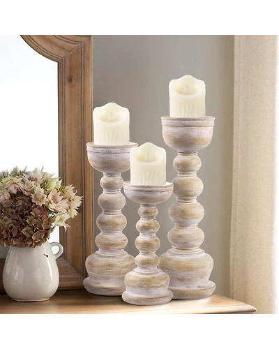 Wood Look Antique Wash Finish Pillar Candle Holders Set of 3-12263928