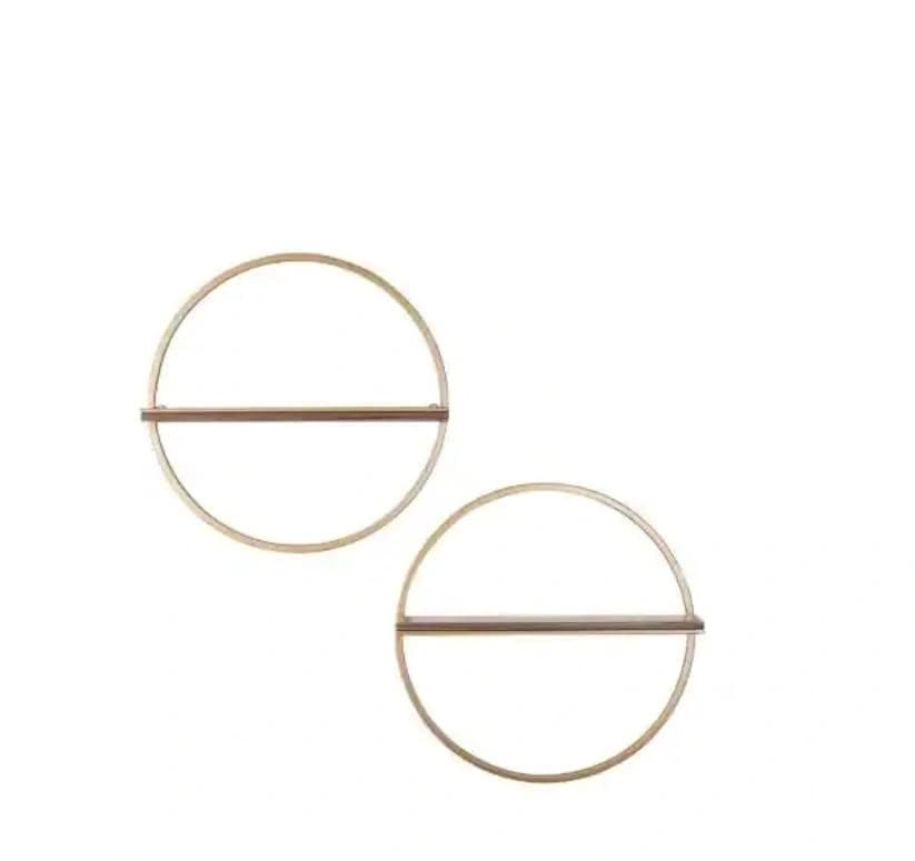 Wood and Gold Metal Wall-Mount Round Floating Shelf (Set of 2) 15 x 15 x 4-2