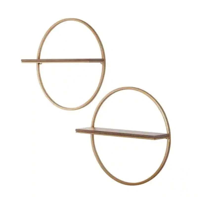 Wood and Gold Metal Wall-Mount Round Floating Shelf (Set of 2) 15 x 15 x 4-1