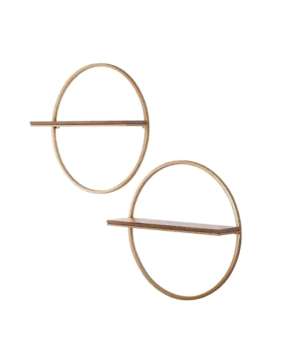 Wood and Gold Metal Wall-Mount Round Floating Shelf (Set of 2) 15 x 15 x 4-1